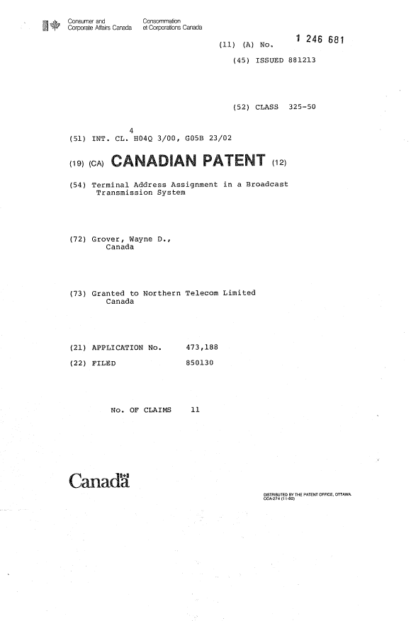 Canadian Patent Document 1246681. Cover Page 19930825. Image 1 of 1