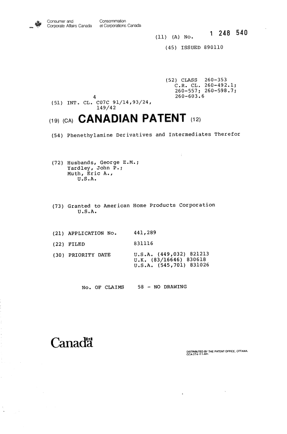 Canadian Patent Document 1248540. Cover Page 19921228. Image 1 of 1