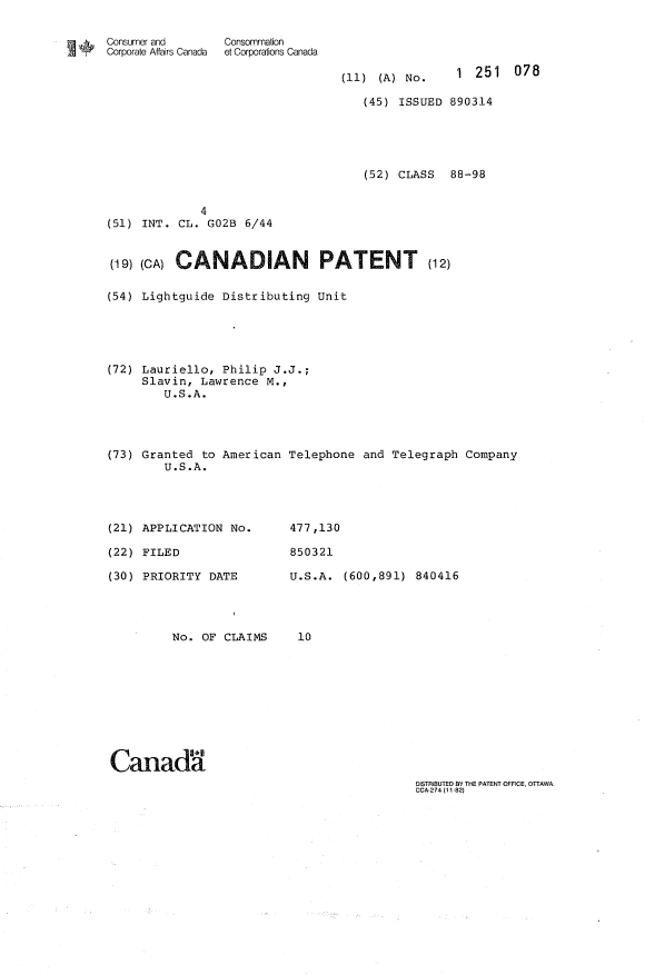Document de brevet canadien 1251078. Page couverture 19930828. Image 1 de 1