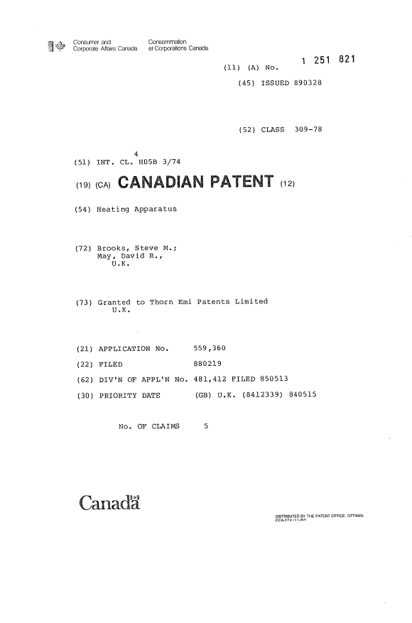 Canadian Patent Document 1251821. Cover Page 19930828. Image 1 of 1