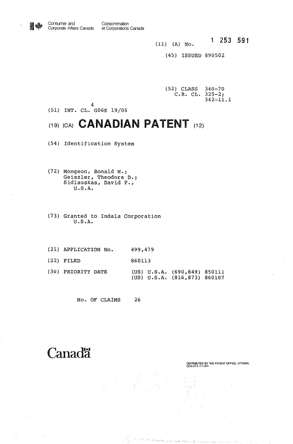 Canadian Patent Document 1253591. Cover Page 19930830. Image 1 of 1