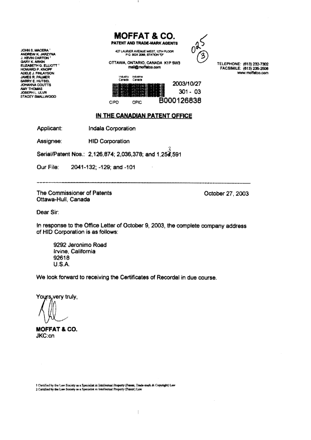 Canadian Patent Document 1253591. Assignment 20031027. Image 1 of 1