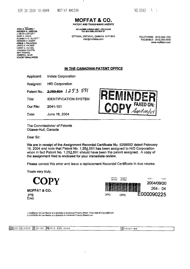 Canadian Patent Document 1253591. Assignment 20040920. Image 1 of 1