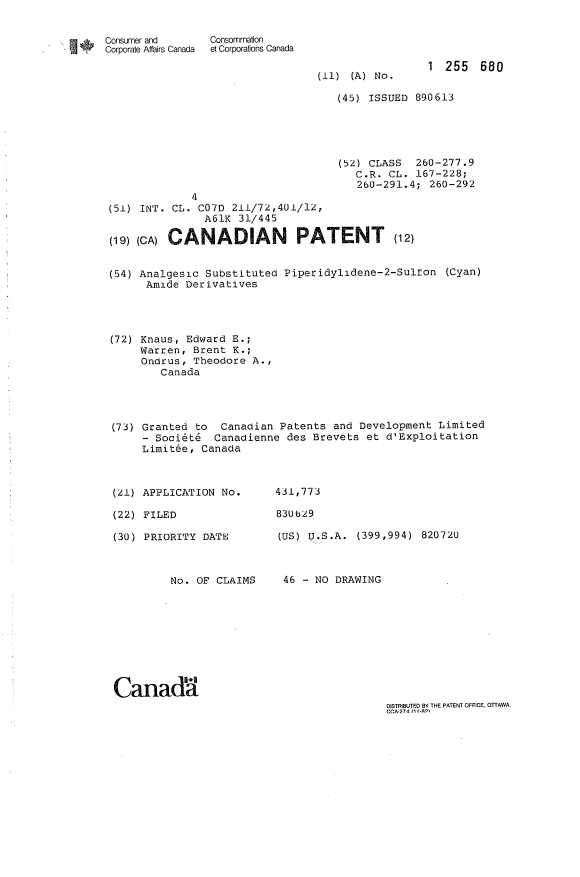 Document de brevet canadien 1255680. Page couverture 19930907. Image 1 de 1