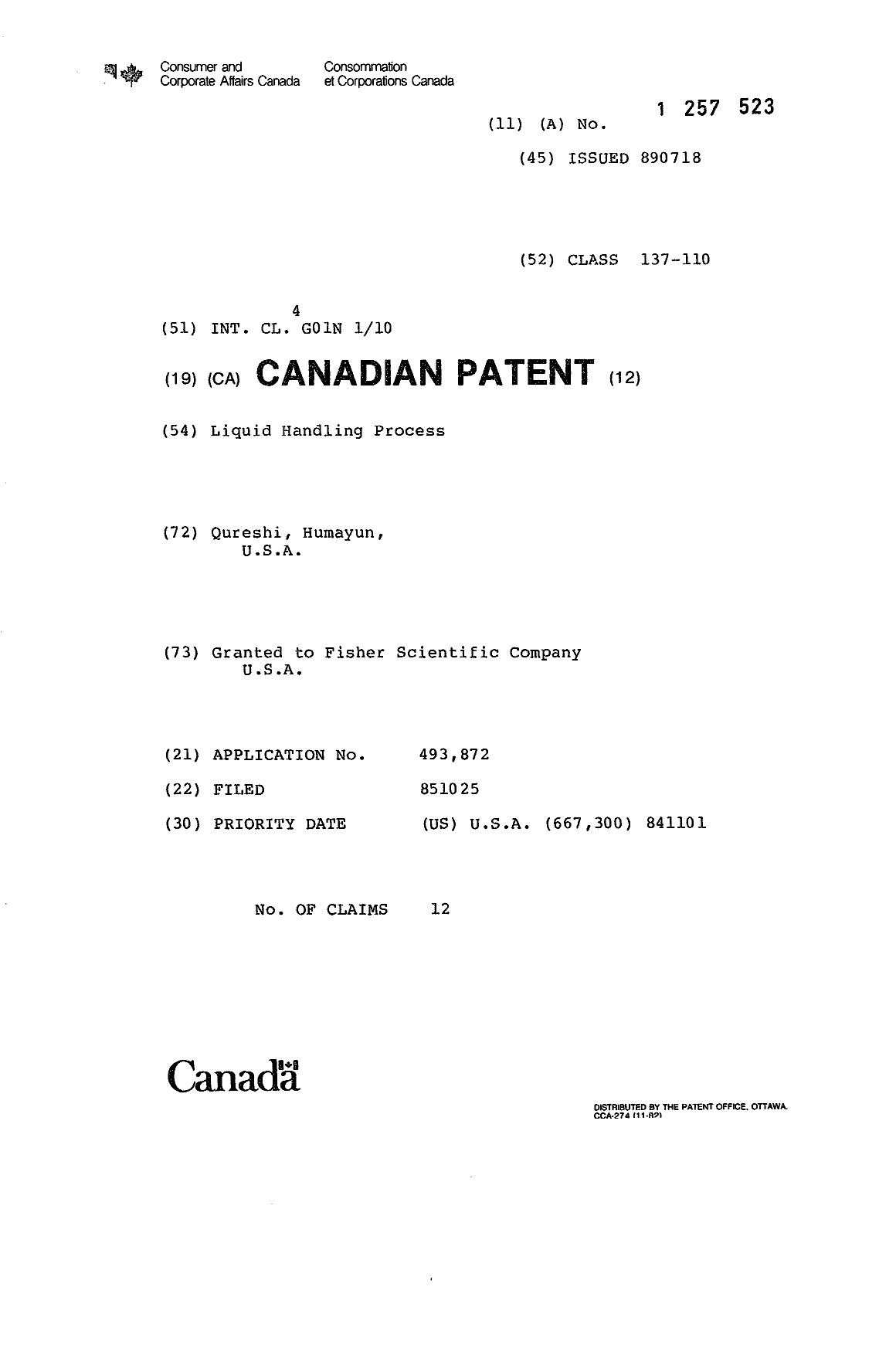 Canadian Patent Document 1257523. Cover Page 19931006. Image 1 of 1