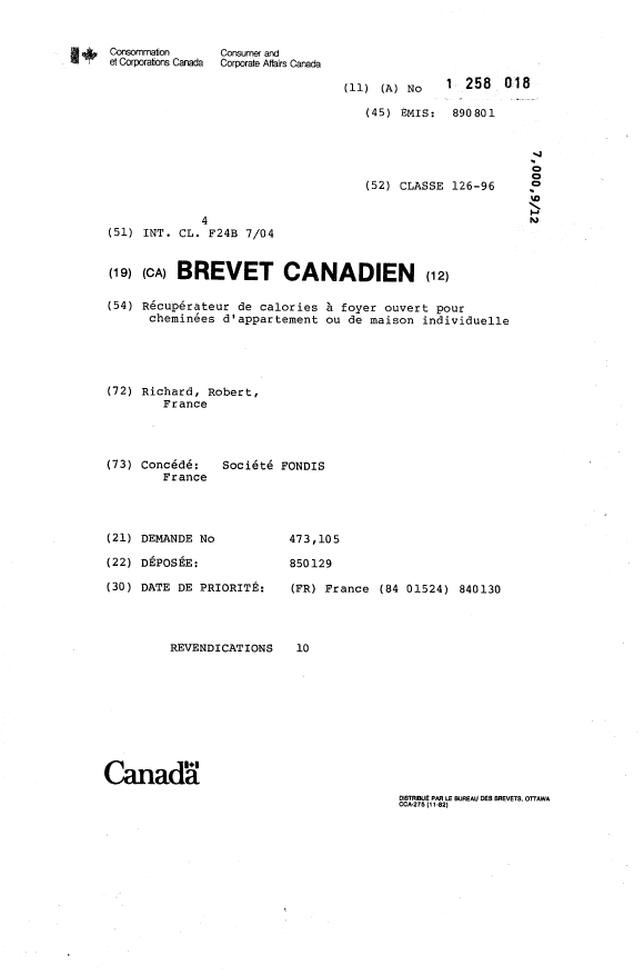 Document de brevet canadien 1258018. Page couverture 19931213. Image 1 de 1