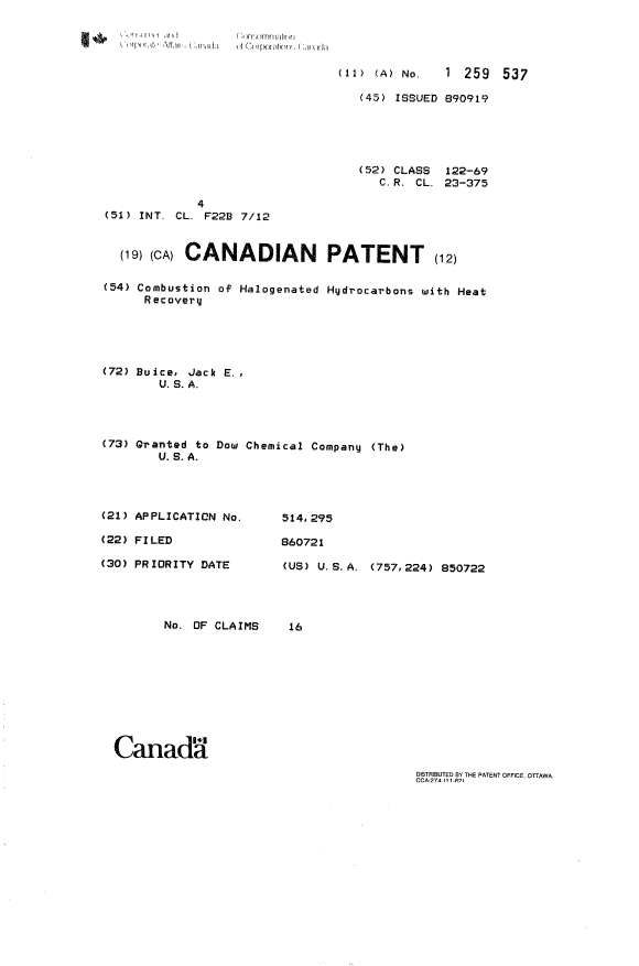 Document de brevet canadien 1259537. Page couverture 19930909. Image 1 de 1
