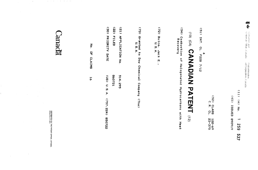 Canadian Patent Document 1259537. Cover Page 19930909. Image 1 of 1