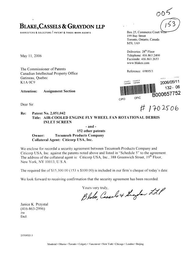 Document de brevet canadien 1260411. Cession 20060511. Image 1 de 13
