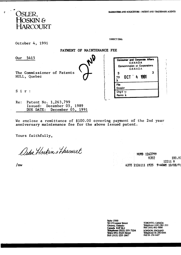 Document de brevet canadien 1263799. Taxes 19911004. Image 1 de 1