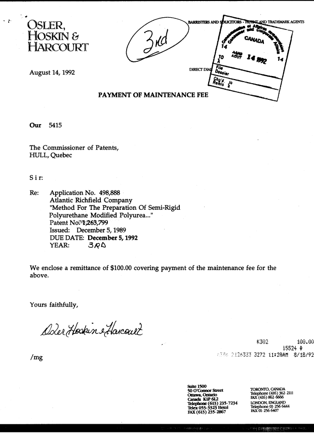 Document de brevet canadien 1263799. Taxes 19920814. Image 1 de 1