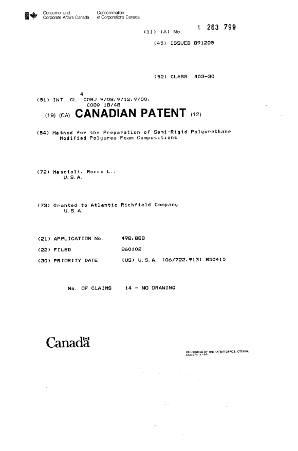 Document de brevet canadien 1263799. Page couverture 19930915. Image 1 de 1