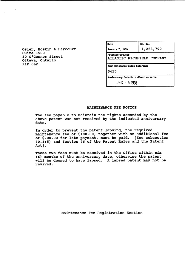 Document de brevet canadien 1263799. Taxes 19940107. Image 1 de 1