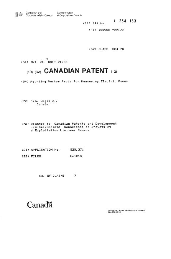 Canadian Patent Document 1264183. Cover Page 19921215. Image 1 of 1