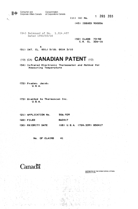 Canadian Patent Document 1265355. Cover Page 19921215. Image 1 of 1