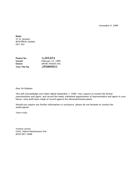 Canadian Patent Document 1265651. Correspondence 19981209. Image 1 of 1