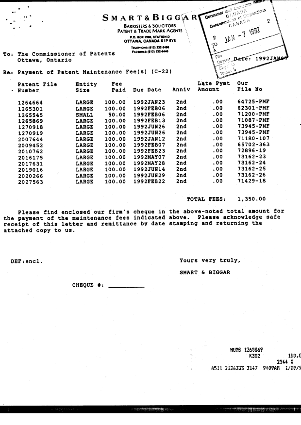 Document de brevet canadien 1265869. Taxes 19920107. Image 1 de 1