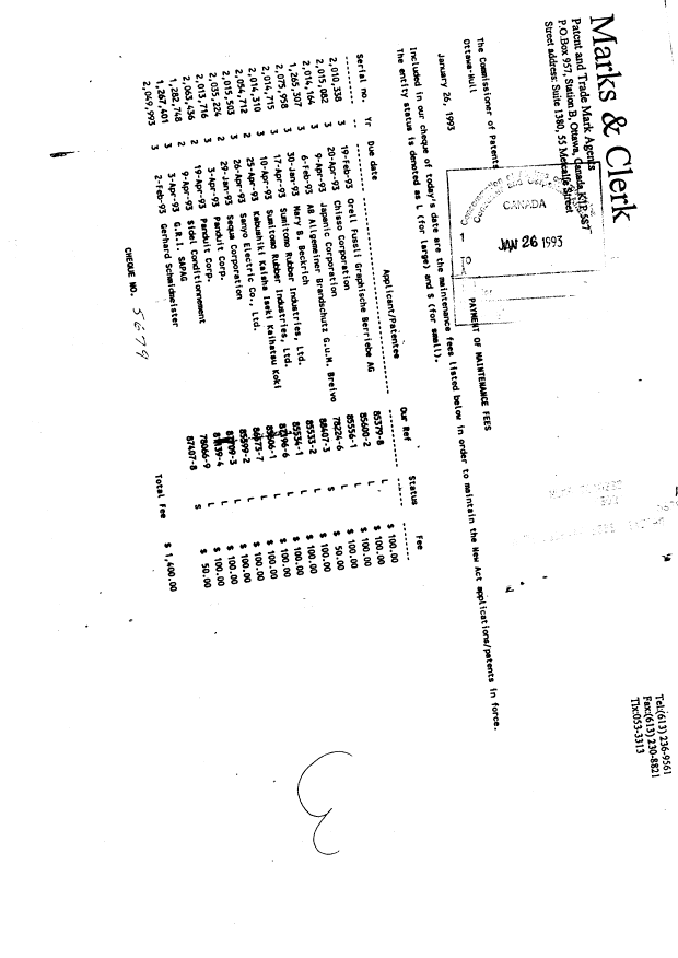 Document de brevet canadien 1267401. Taxes 19930126. Image 1 de 1