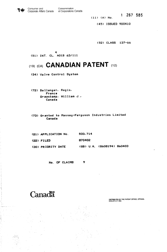 Document de brevet canadien 1267585. Page couverture 19930918. Image 1 de 1
