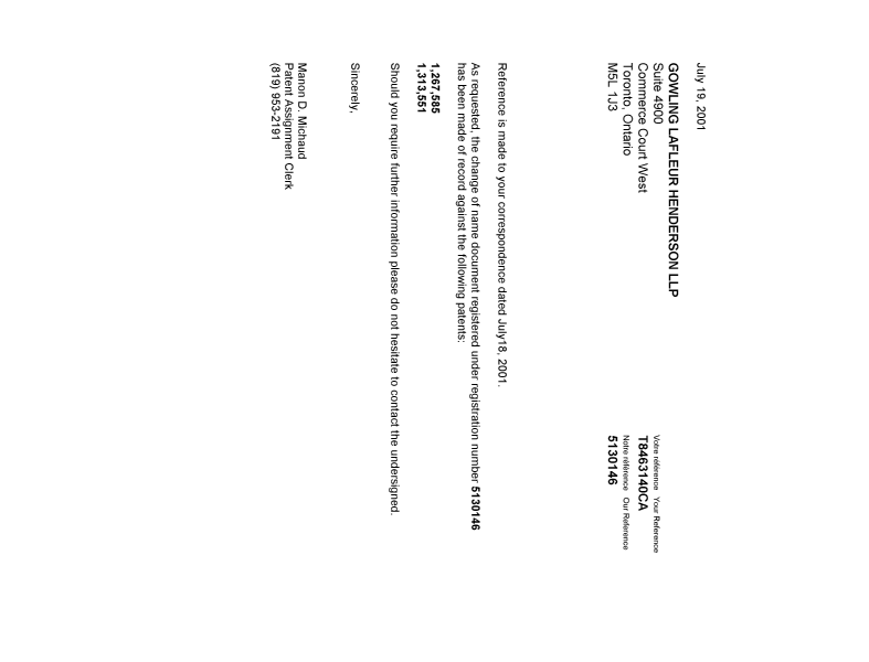 Canadian Patent Document 1267585. Correspondence 20001219. Image 1 of 1