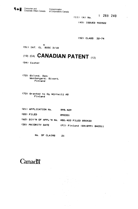 Canadian Patent Document 1269240. Cover Page 19931007. Image 1 of 1