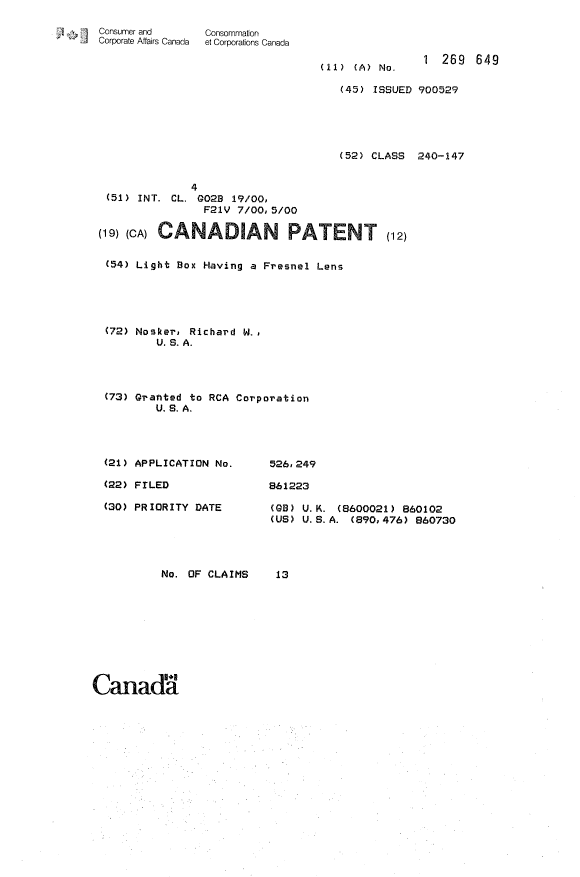 Canadian Patent Document 1269649. Cover Page 19921221. Image 1 of 1