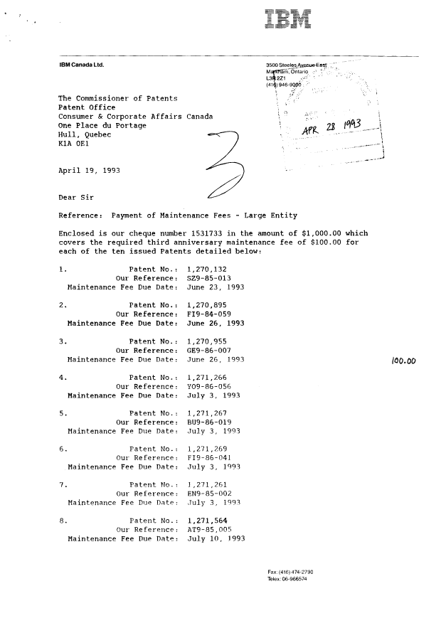 Document de brevet canadien 1271564. Taxes 19930428. Image 1 de 2