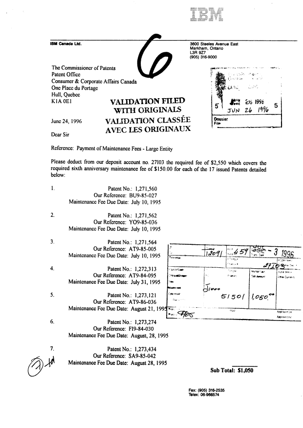 Document de brevet canadien 1271564. Taxes 19960626. Image 1 de 1