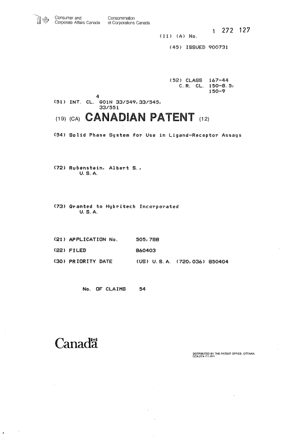 Canadian Patent Document 1272127. Cover Page 19931018. Image 1 of 1