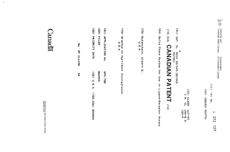 Canadian Patent Document 1272127. Cover Page 19931018. Image 1 of 1