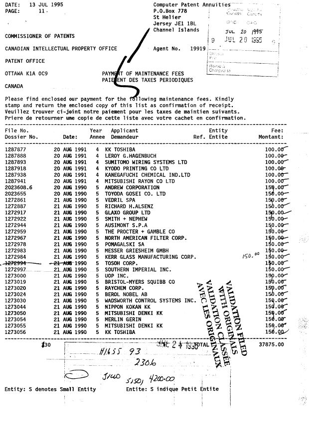 Document de brevet canadien 1272984. Taxes 19950720. Image 1 de 1