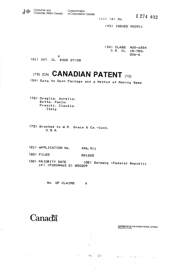 Canadian Patent Document 1274032. Cover Page 19931012. Image 1 of 1