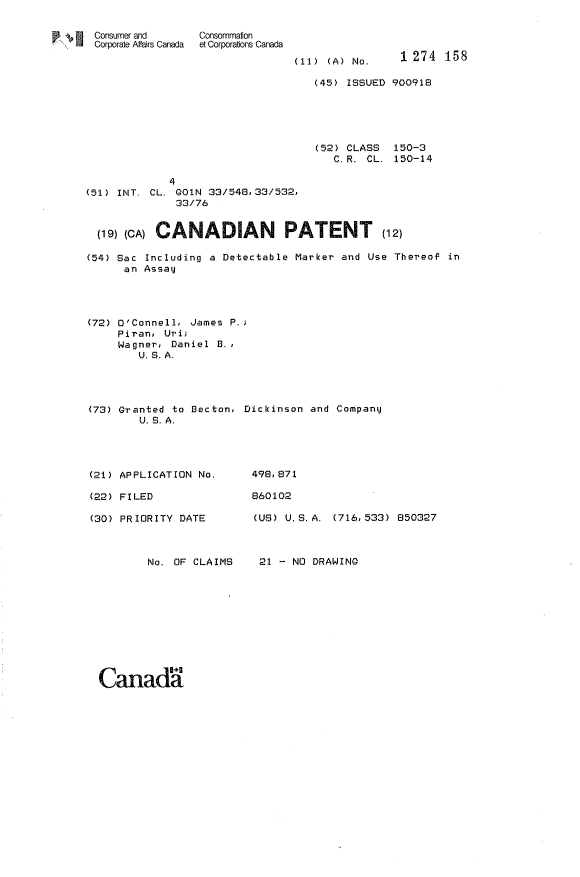 Canadian Patent Document 1274158. Cover Page 19931012. Image 1 of 1
