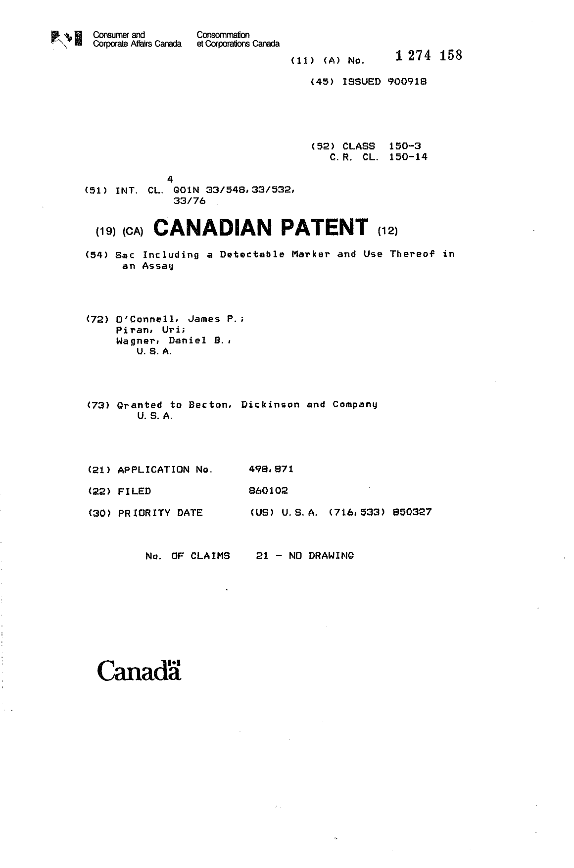 Canadian Patent Document 1274158. Cover Page 19931012. Image 1 of 1