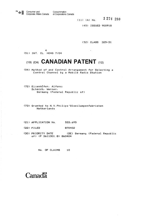 Canadian Patent Document 1274280. Cover Page 19921212. Image 1 of 1