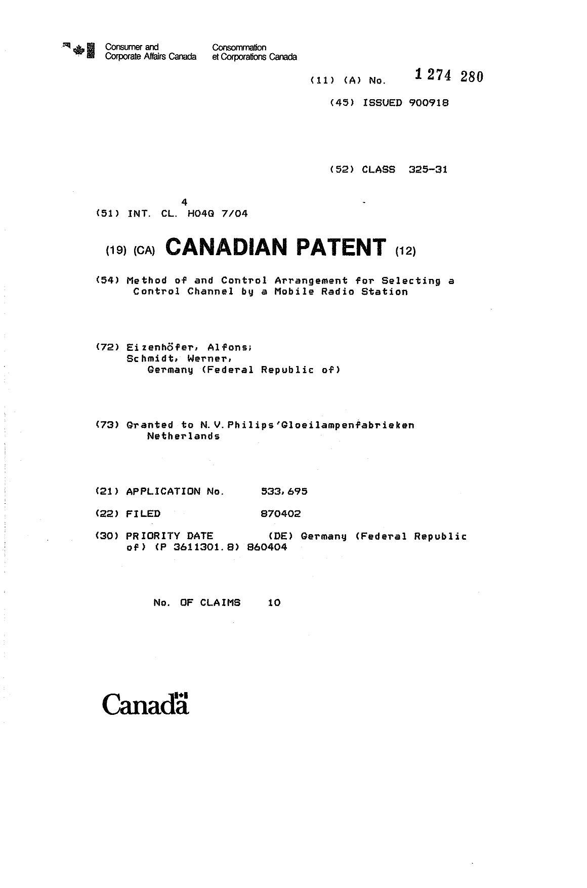 Document de brevet canadien 1274280. Page couverture 19921212. Image 1 de 1