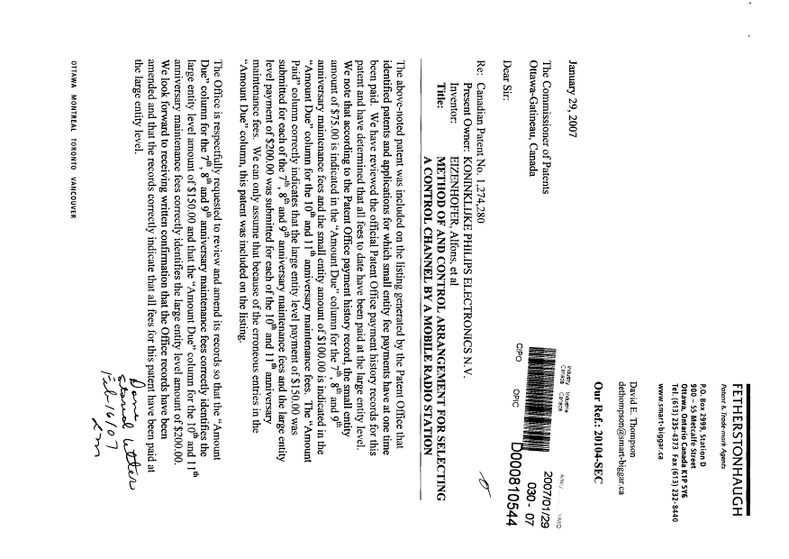 Document de brevet canadien 1274280. Correspondance 20070129. Image 1 de 2
