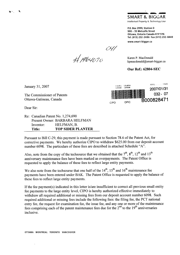 Canadian Patent Document 1274690. Prosecution-Amendment 20070131. Image 1 of 3