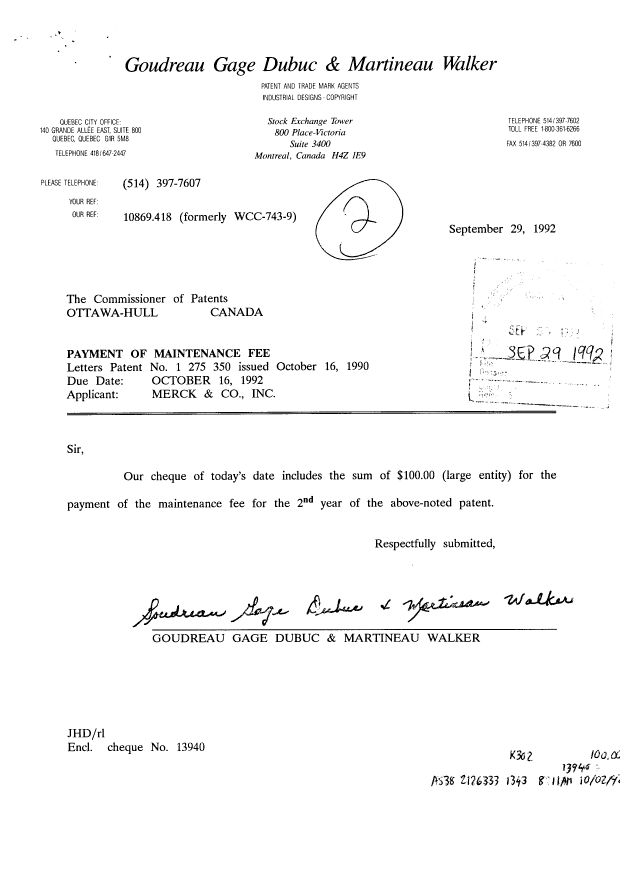 Canadian Patent Document 1275350. Fees 19911229. Image 1 of 1