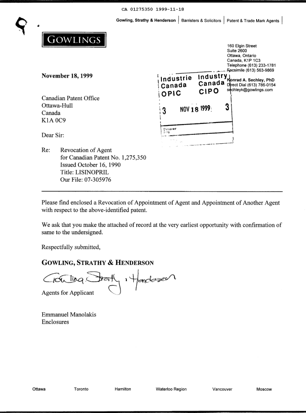 Canadian Patent Document 1275350. Correspondence 19981218. Image 1 of 2