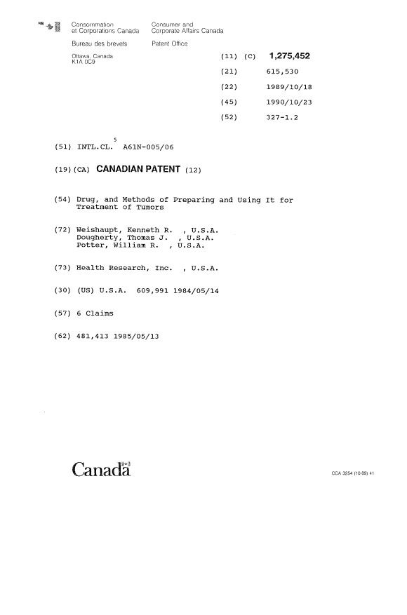 Canadian Patent Document 1275452. Cover Page 19931013. Image 1 of 1
