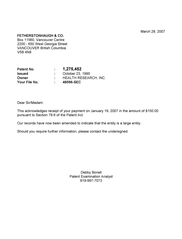 Canadian Patent Document 1275452. Correspondence 20070328. Image 1 of 1