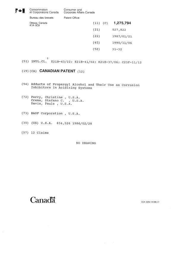 Document de brevet canadien 1275794. Page couverture 19931013. Image 1 de 1