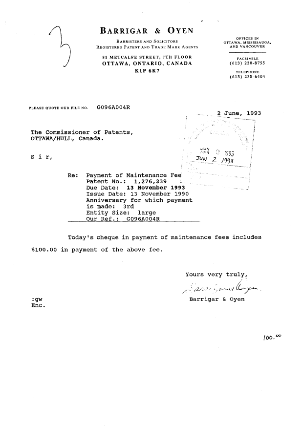 Document de brevet canadien 1276239. Taxes 19930602. Image 1 de 1