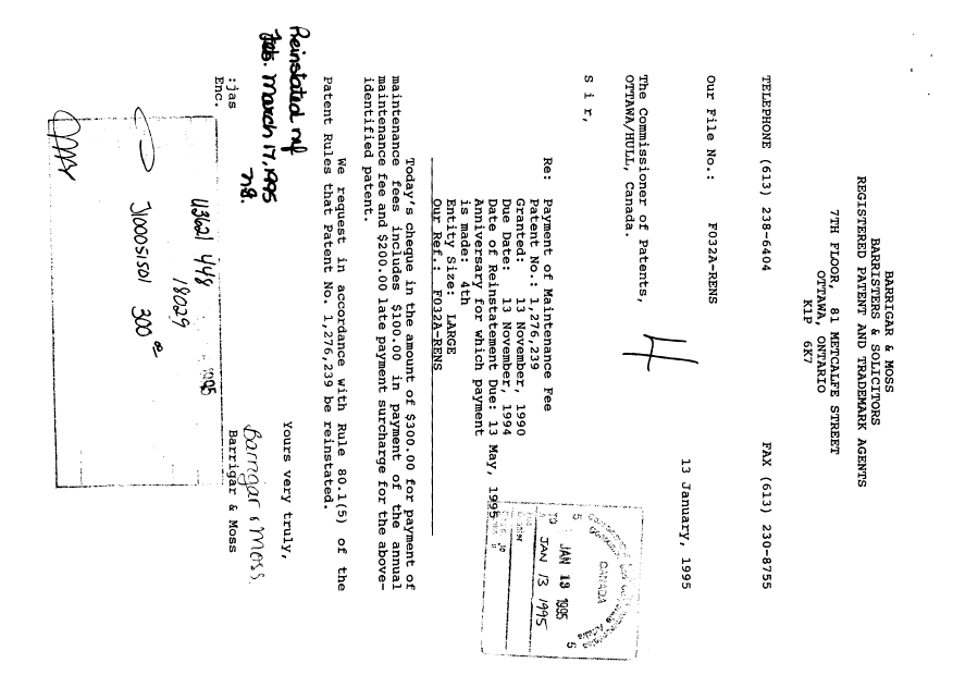 Canadian Patent Document 1276239. Fees 19950113. Image 1 of 1