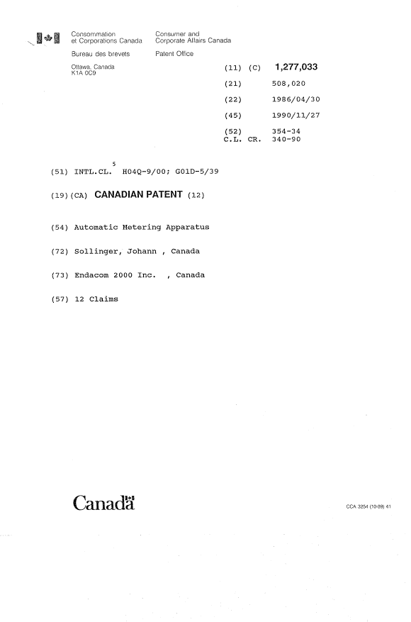 Canadian Patent Document 1277033. Cover Page 19931014. Image 1 of 1