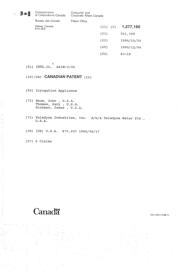 Canadian Patent Document 1277160. Cover Page 19921214. Image 1 of 1