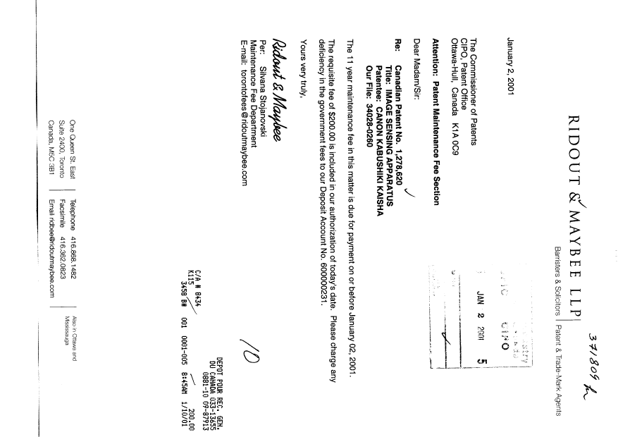 Canadian Patent Document 1278620. Fees 20010102. Image 1 of 1