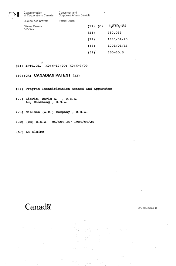 Document de brevet canadien 1279124. Page couverture 19931015. Image 1 de 1