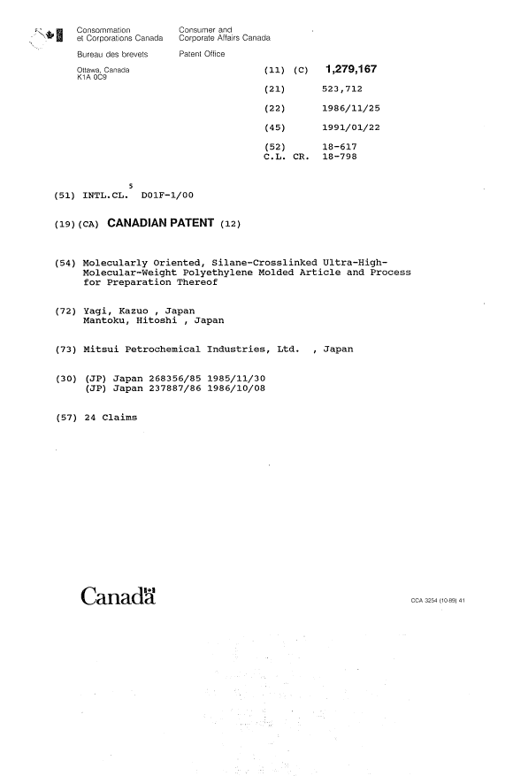 Document de brevet canadien 1279167. Page couverture 19931015. Image 1 de 1
